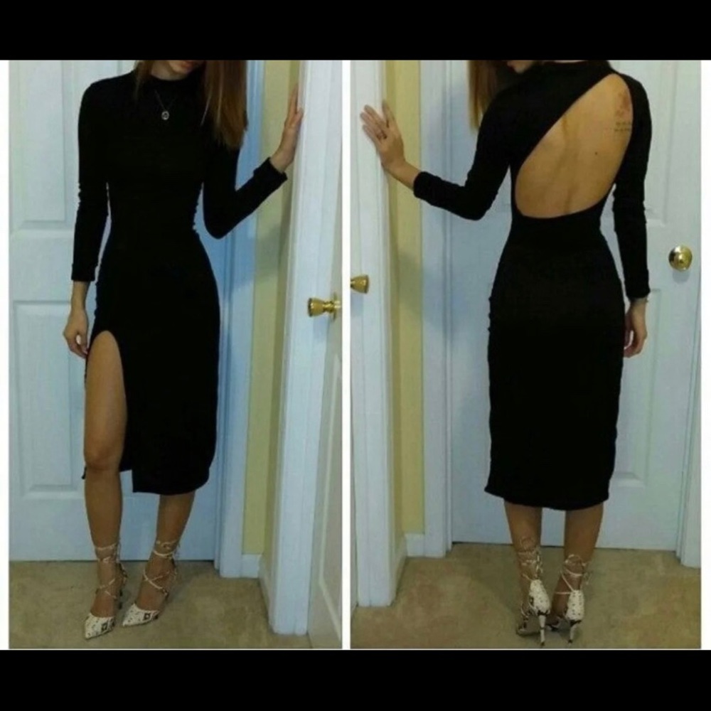 Black long sleeve midi dress open back